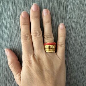 Aurelie Bidermann Venice Ring | Size 56 | Authentic | Gold Tone + Coral Enamel